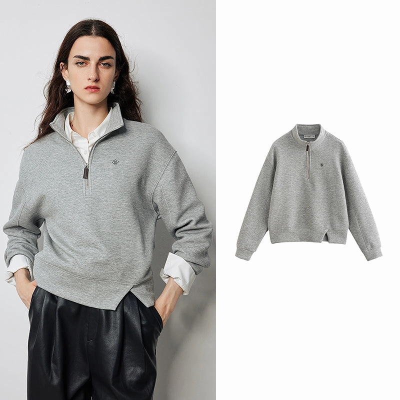 GarmentWashed Texture Non Irritating Label Autumn Open Slit Design Long Sleeve Zipper Sports Pullover Sweatshirt